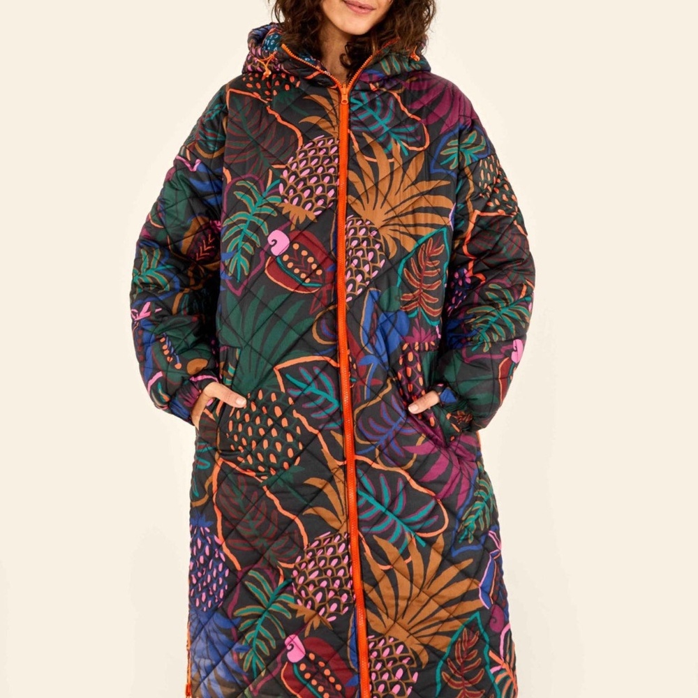 FARM RIO Blue Cool Leopard Long Reversible Puffer Jacket Coat Tropical